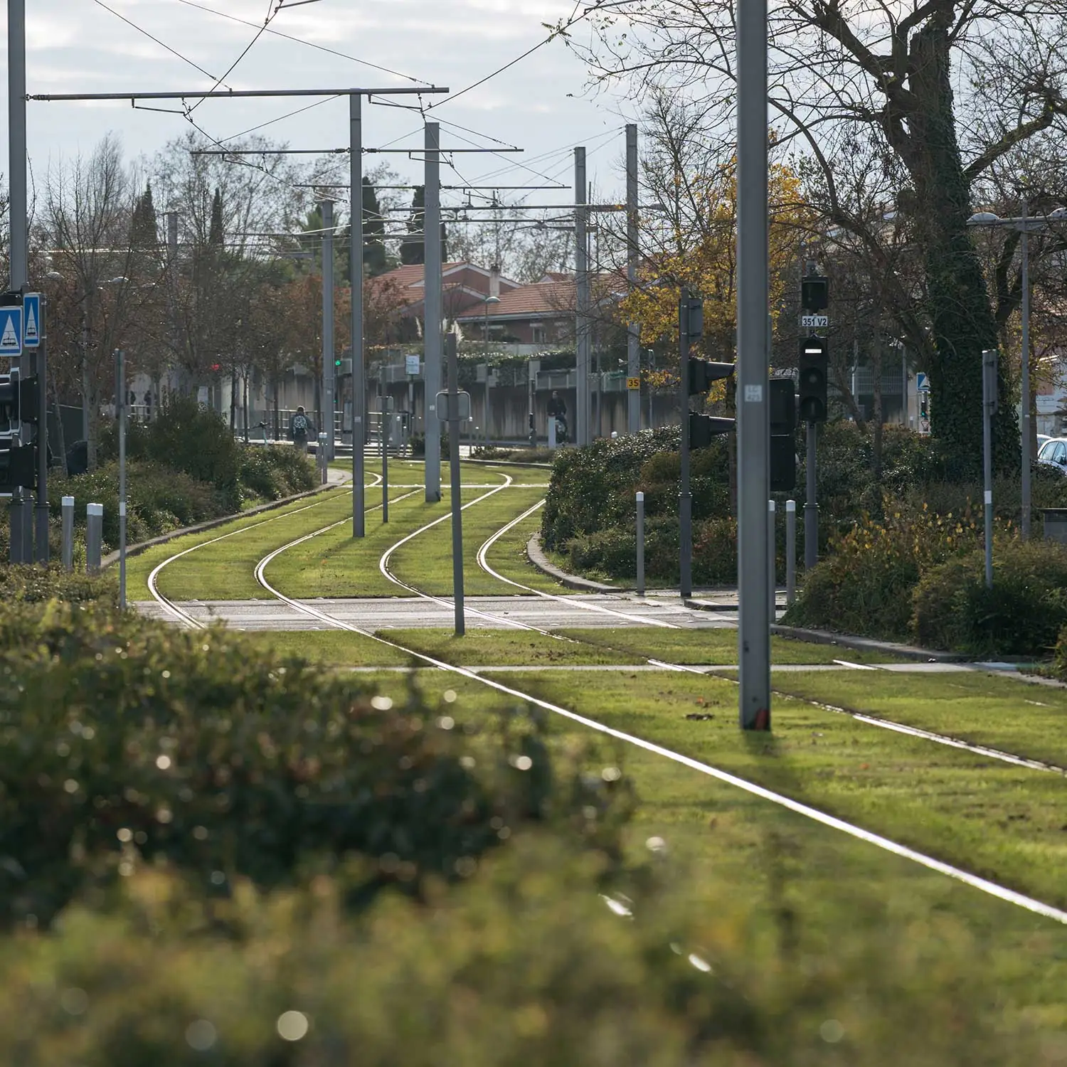 Symbolische Trambahnschienen, die durch eine grüne Stadtkulisse verlaufen